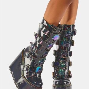 YRU Dune Holographic Mushroom Platform Black Patent Leather Boots